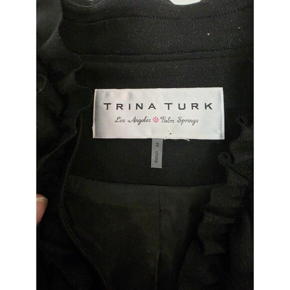 Trina Turk Womens Ruffled Trim Button Closure Light Jacket Black Size 2 - Picture 7 of 11